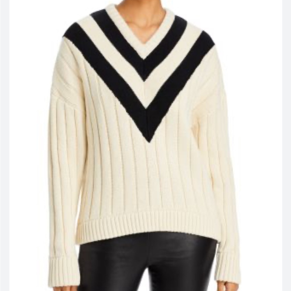 KULE Cream and Black V-Neck Chevron Ribbed Sweater